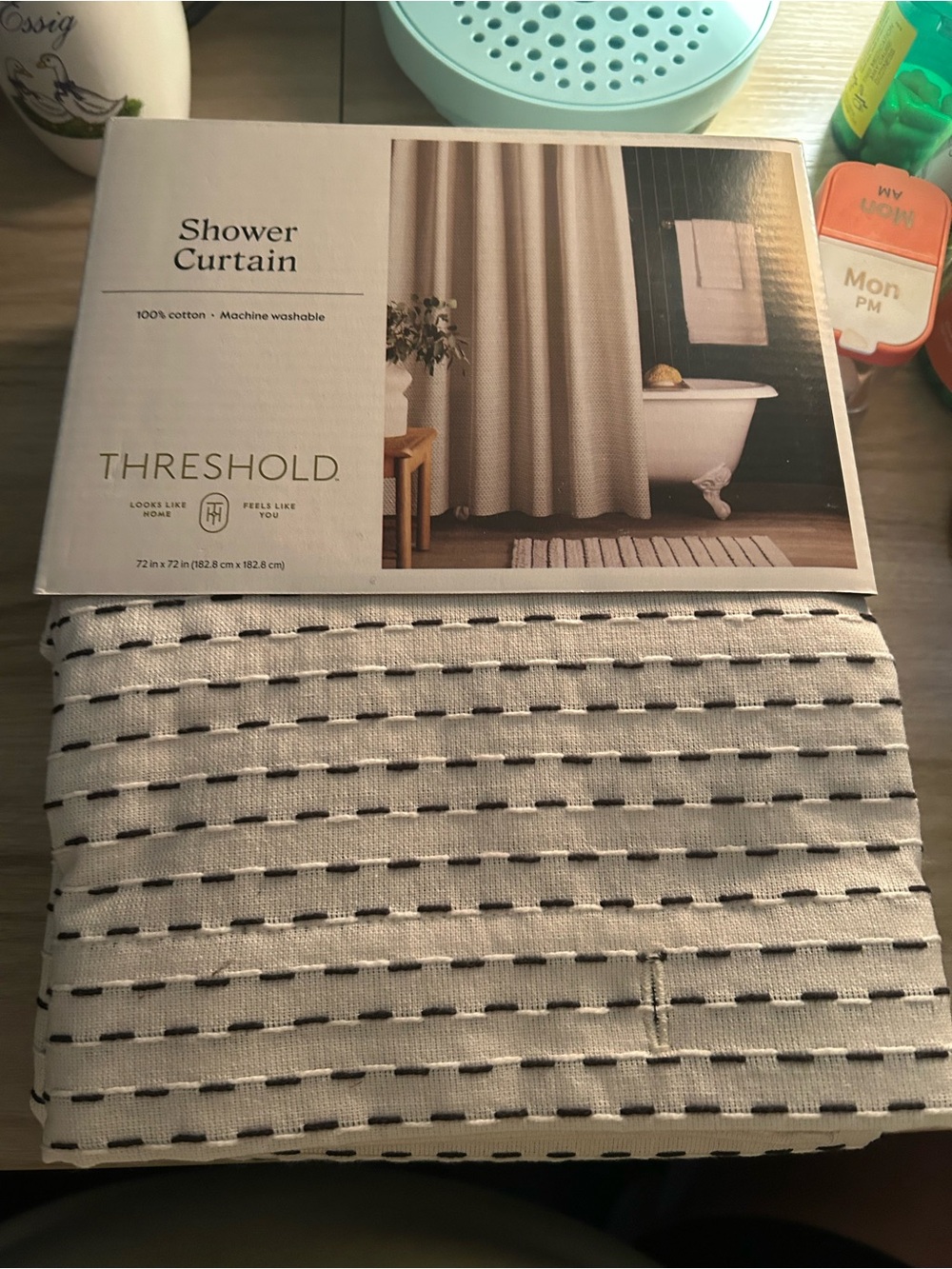 Threshold Cotton Shower Curtain in Cream with Black Stitching